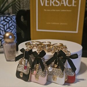 Pearl and Lipstick Purse Charm Keychain Set (4 Keychains) - Black and Goldtone